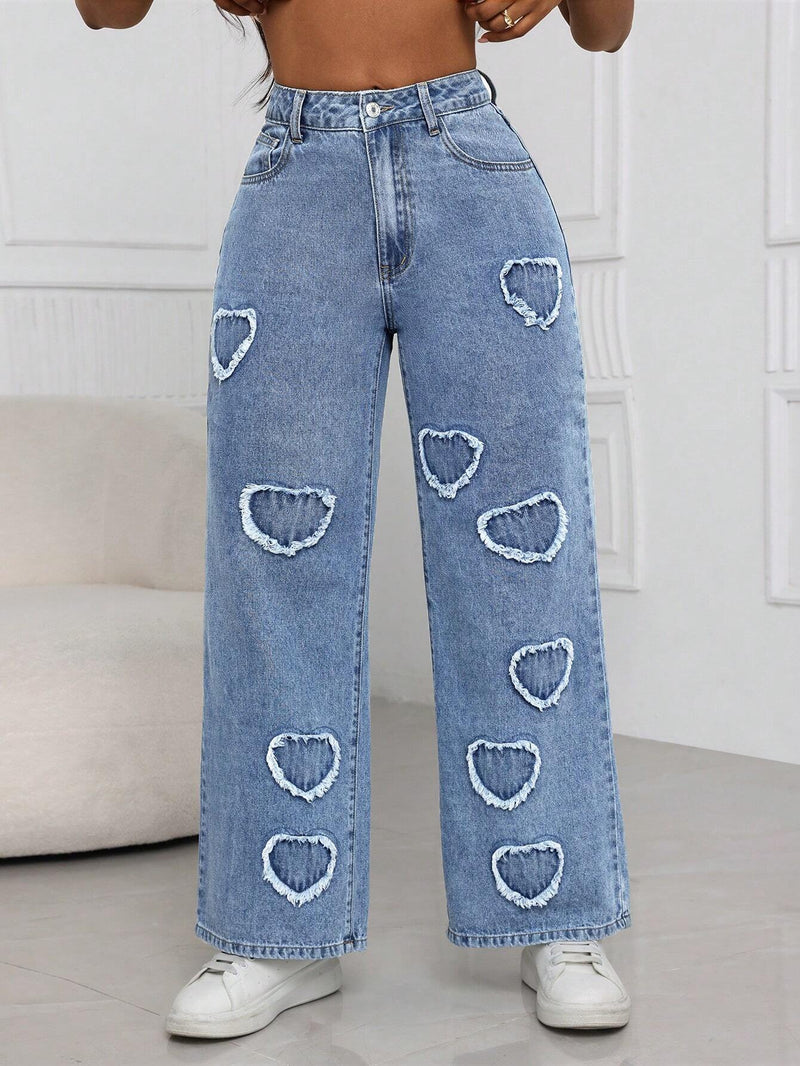 SXY Jeans holgados de pierna recta de moda con dobladillo deshilachado y bolsillos traseros con forma de corazon