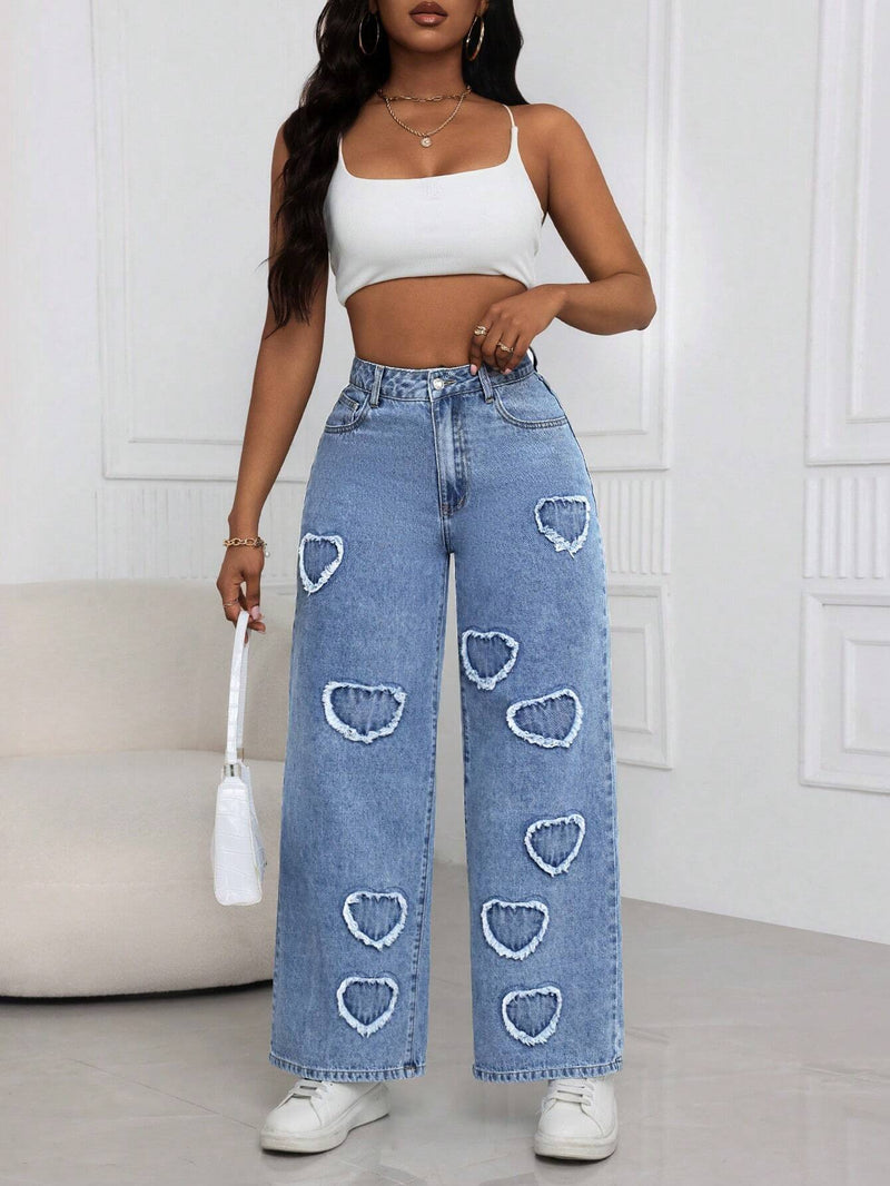 SXY Jeans holgados de pierna recta de moda con dobladillo deshilachado y bolsillos traseros con forma de corazon