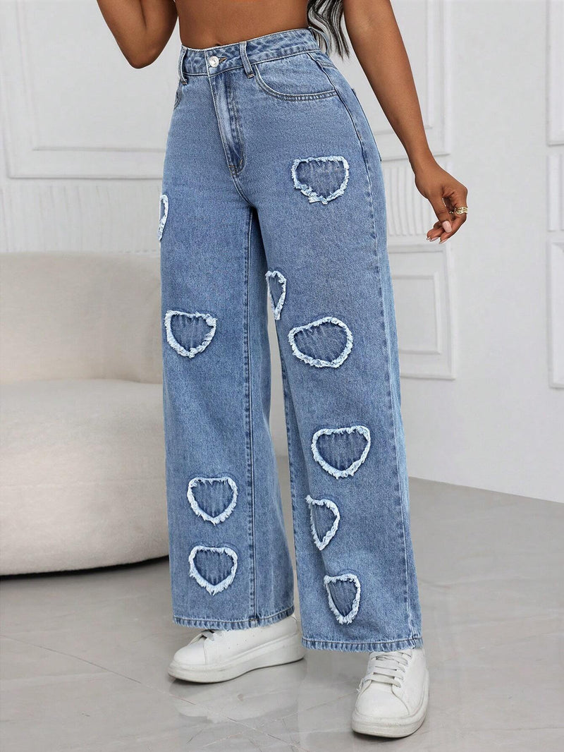 SXY Jeans holgados de pierna recta de moda con dobladillo deshilachado y bolsillos traseros con forma de corazon