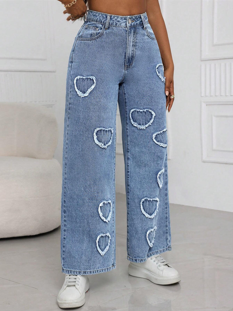 SXY Jeans holgados de pierna recta de moda con dobladillo deshilachado y bolsillos traseros con forma de corazon