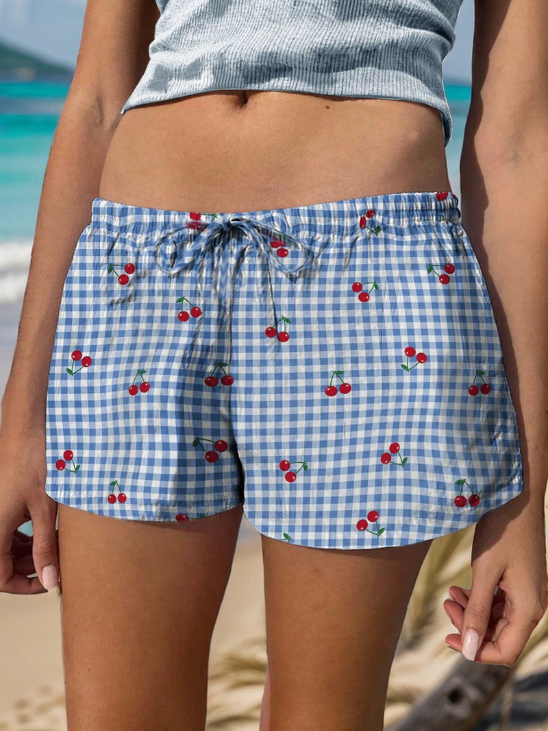 EZwear Shorts de vacaciones para mujer con patron de cuadros de cereza