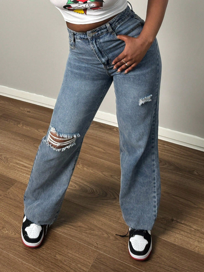 Jeans rectos para mujer desgastados