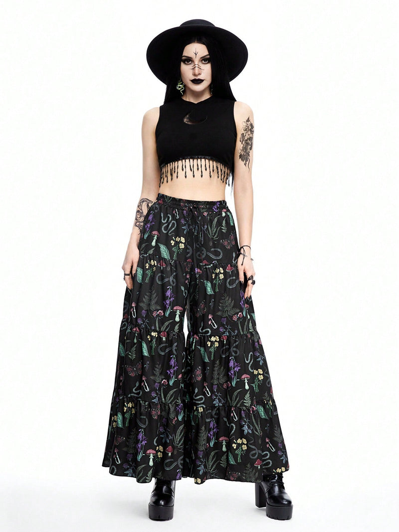 ROMWE Goth Pantalones acampanados para mujeres con estampado floral vacacional gotico, diseno de serpiente y hongo en general