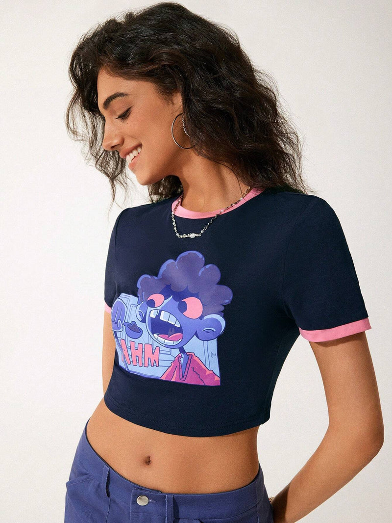 GAW Camiseta corta de cuello redondo y ajuste cenido para mujer con impresion de letras y dibujos animados