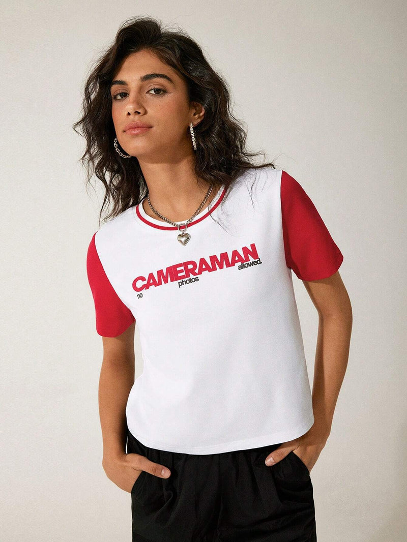 GAW Camiseta corta y enada para mujer con cuello redondo en color contrastante