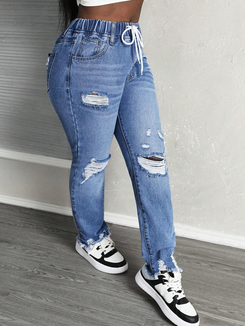 Slayr Jeans rasgados con cordon para mujer con bolsillos, casual