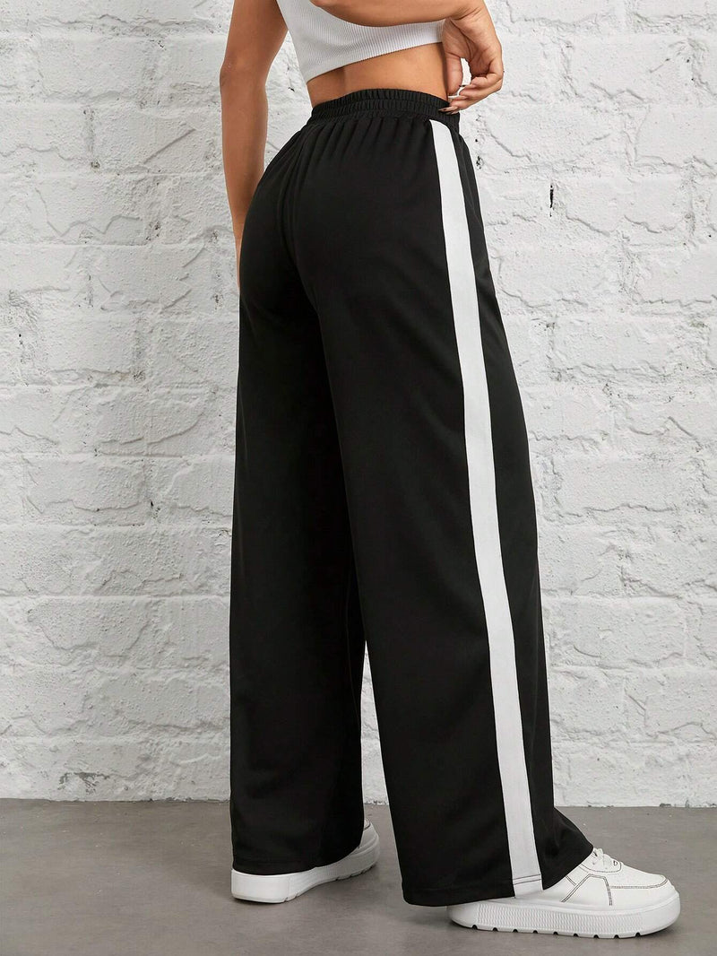 PETITE Pantalones anchos de pierna ancha para mujer con parche en contraste de negro y blanco