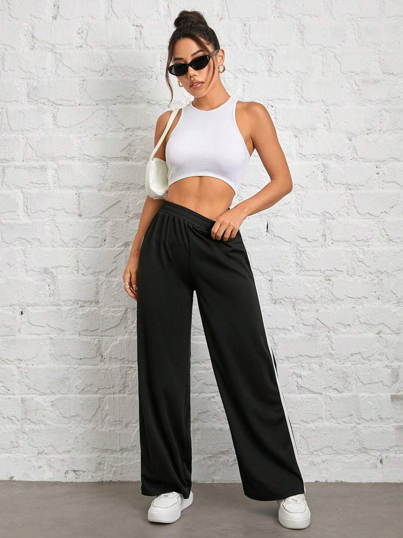 PETITE Pantalones anchos de pierna ancha para mujer con parche en contraste de negro y blanco