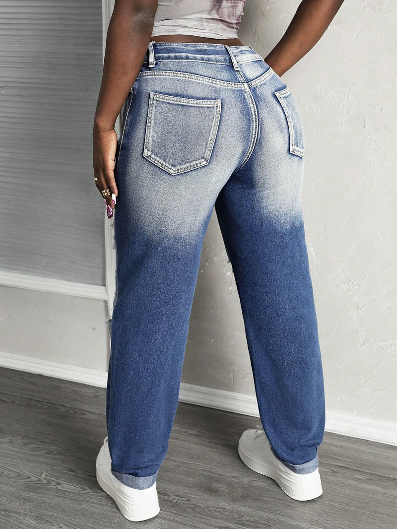 Slayr Jeans casuales de pierna recta sueltos para mujer con bolsillos rasgados