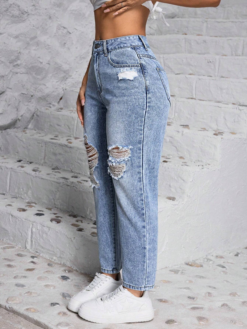 PETITE Jeans con forma de cono y desgastados para mujer con bolsillos, perfectos para el viaje diario