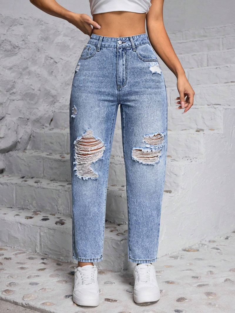 PETITE Jeans con forma de cono y desgastados para mujer con bolsillos, perfectos para el viaje diario