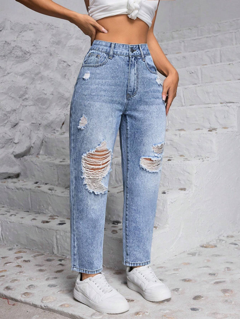 PETITE Jeans con forma de cono y desgastados para mujer con bolsillos, perfectos para el viaje diario