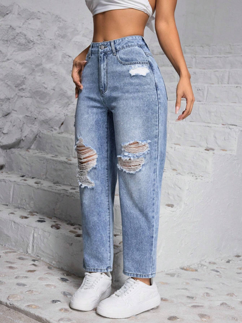 PETITE Jeans con forma de cono y desgastados para mujer con bolsillos, perfectos para el viaje diario