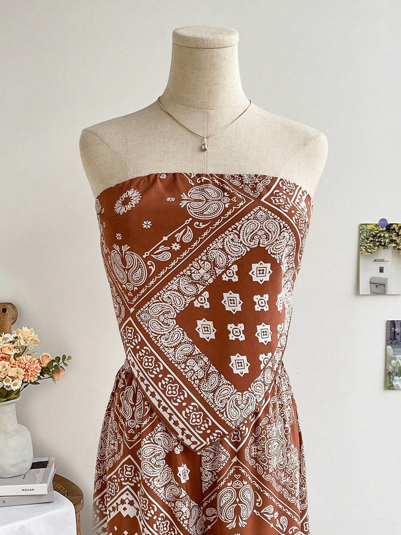 WYWH Top triangular estilo bustier, con estampado Bohemio, espalda descubierta, correa de sujecion, ideal para festivales de musica y la temporada de graduacion. Color marron, perfecto para vacaciones