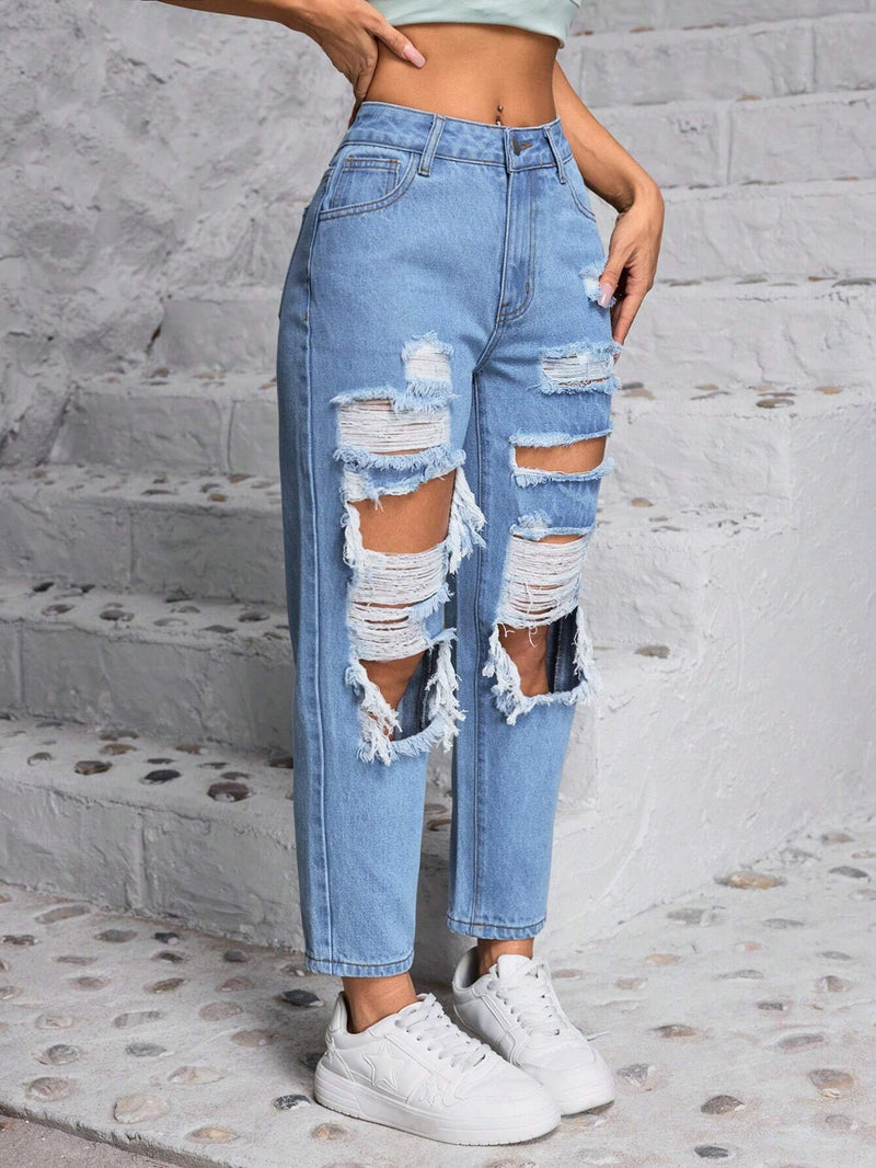 PETITE Jeans de mezclilla con forma conica y desgaste con bolsillos para mujer, para uso diario y casual