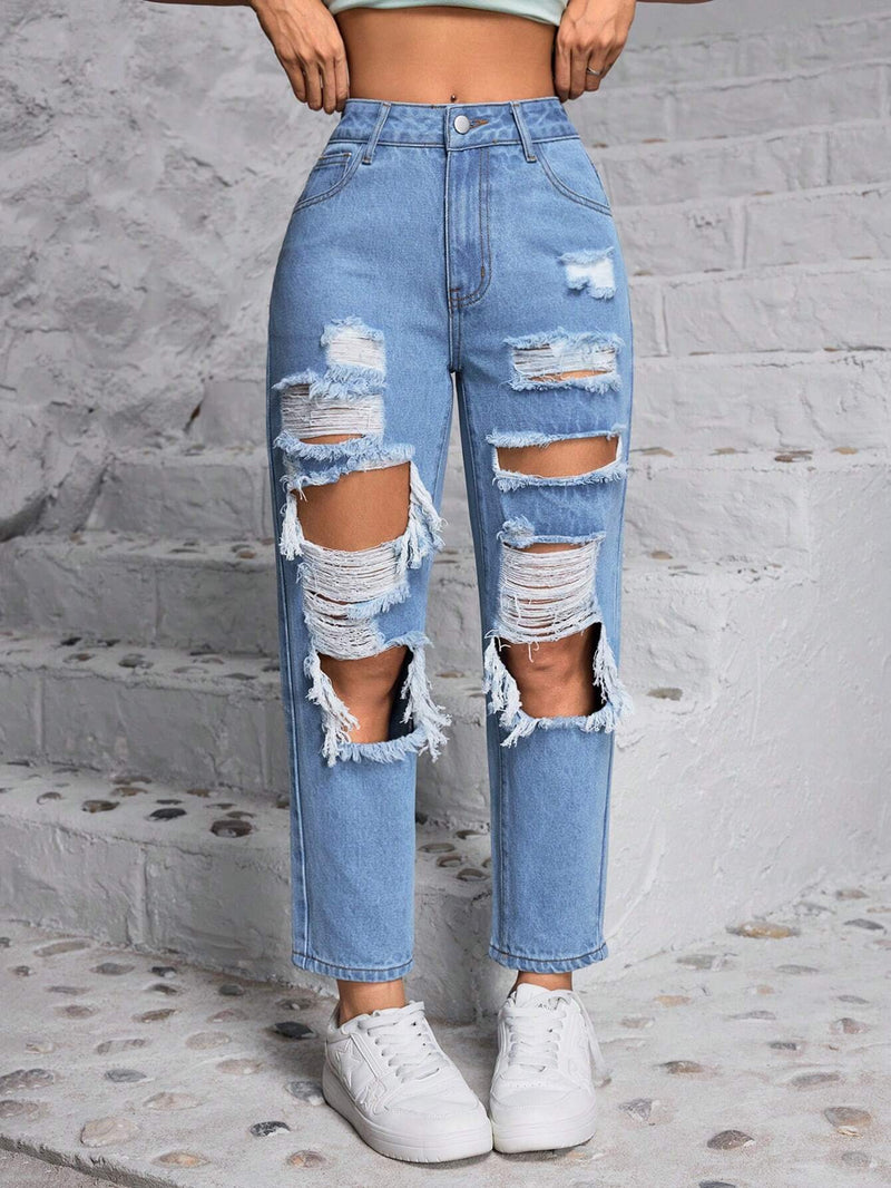 PETITE Jeans de mezclilla con forma conica y desgaste con bolsillos para mujer, para uso diario y casual