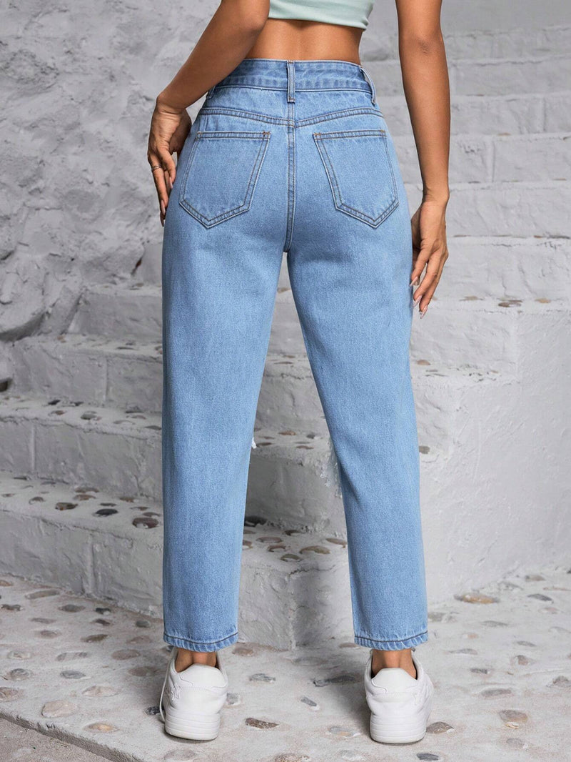 PETITE Jeans de mezclilla con forma conica y desgaste con bolsillos para mujer, para uso diario y casual