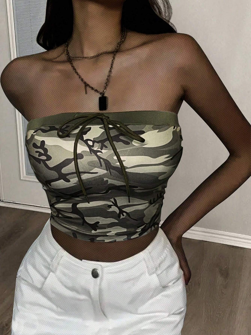 Slayr CamiConjuntoa sin mangas con tubo deportivo estampada de camuflaje para mujeres, ajustada y corta para uso casual en verano