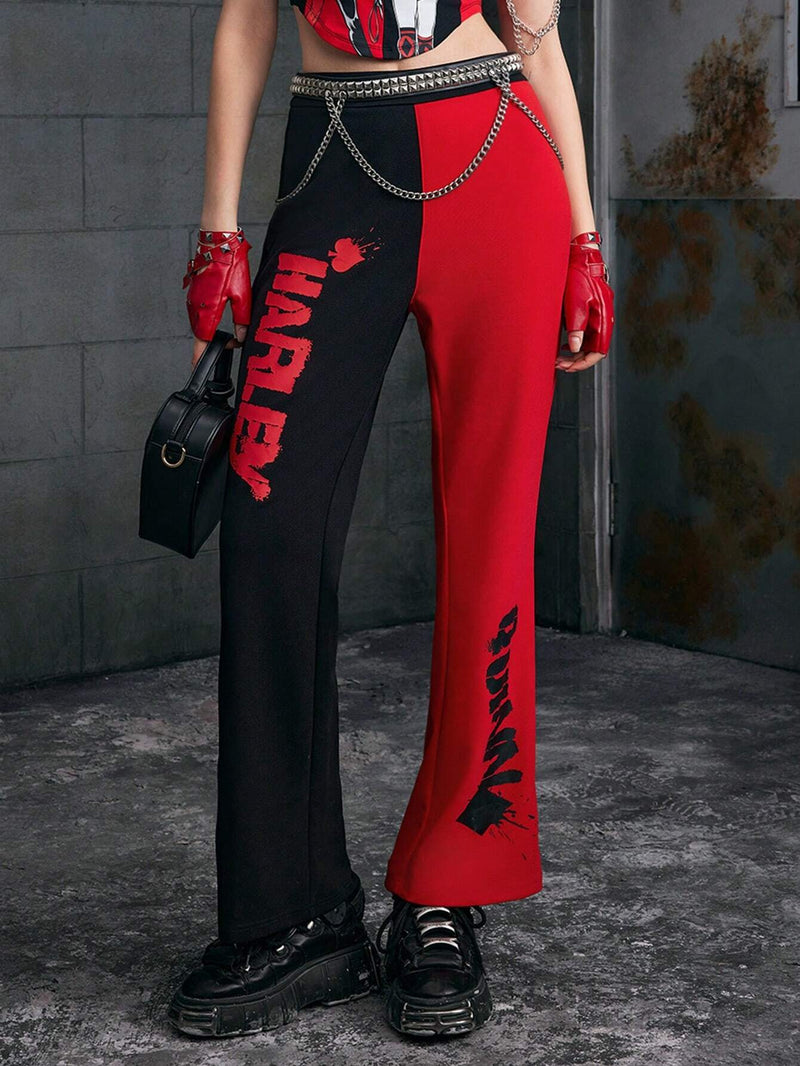 Harley Quinn X  Pantalones acampanados graficos de dos tonos con letras para mujer, primavera/otono