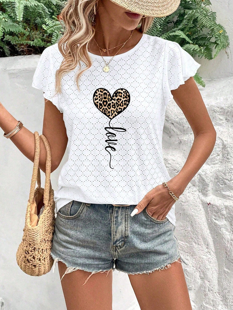 Camiseta casual de verano para mujer con corazon estampado de leopardo, cuello redondo y mangas de gorra