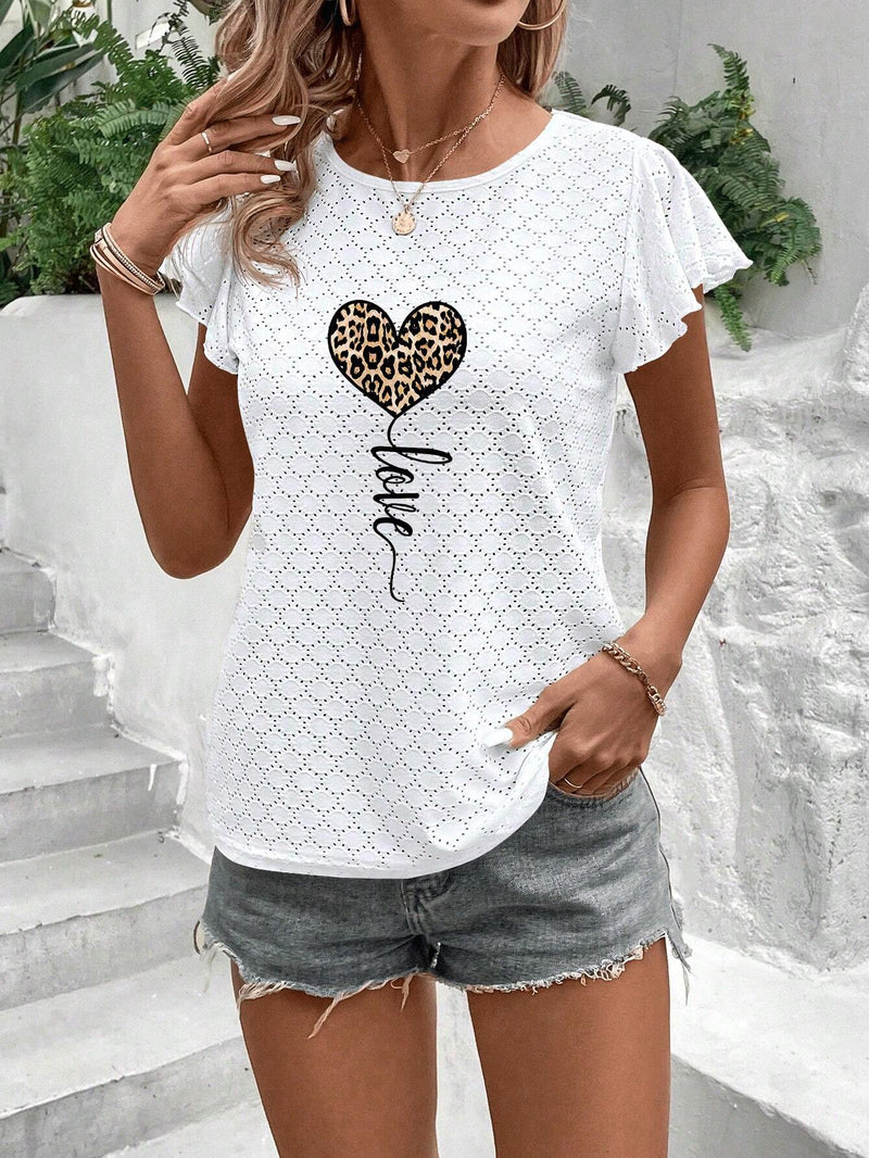 Camiseta casual de verano para mujer con corazon estampado de leopardo, cuello redondo y mangas de gorra