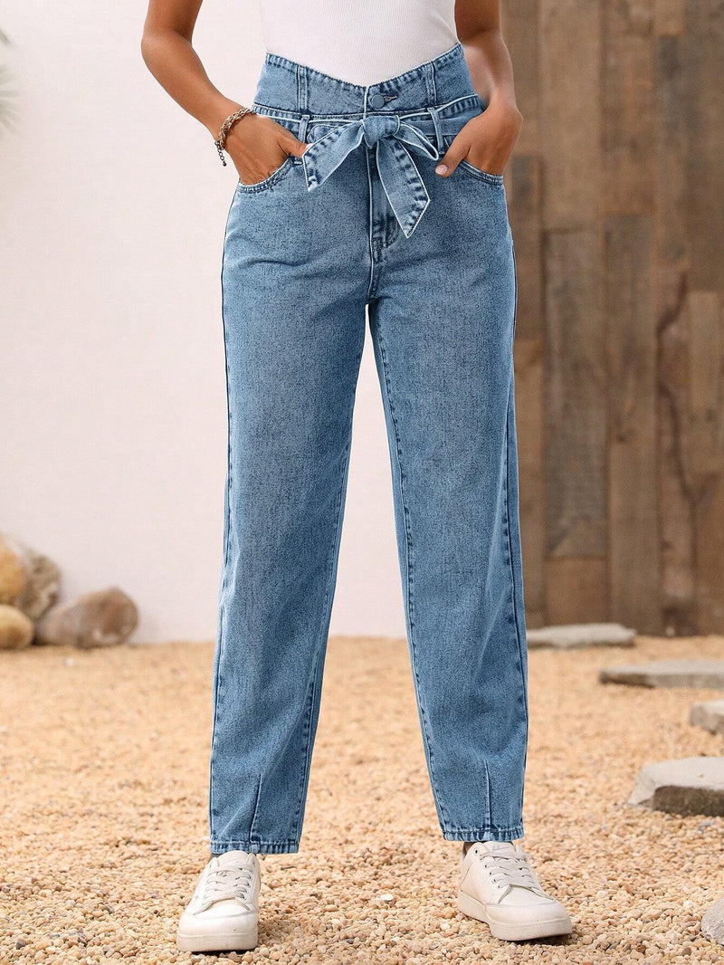 LUNE Pantalones Jeans casuales y conicos para mujer con cintura de bolsa de papel, cinturon y bolsillos