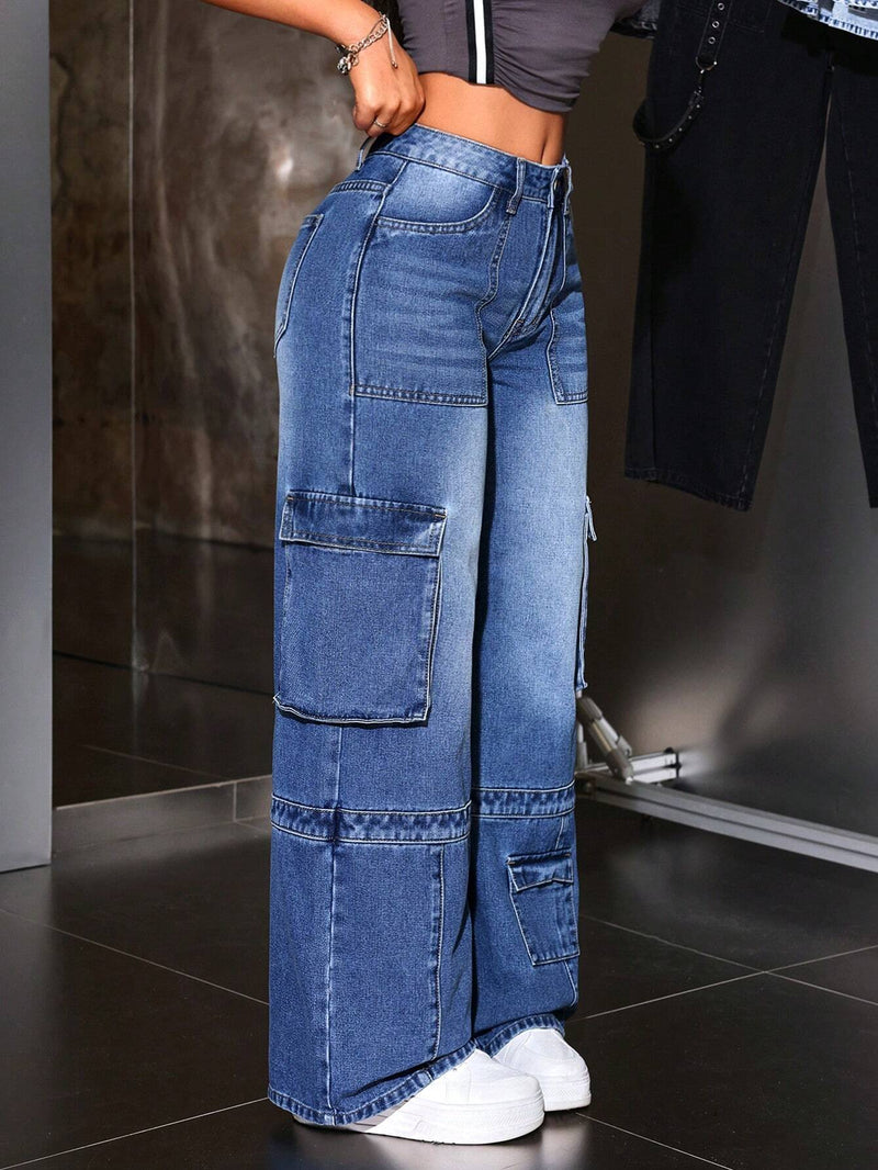 ICON Jeans elegantes de pierna ancha para mujer con multiples bolsillos y efecto lavado