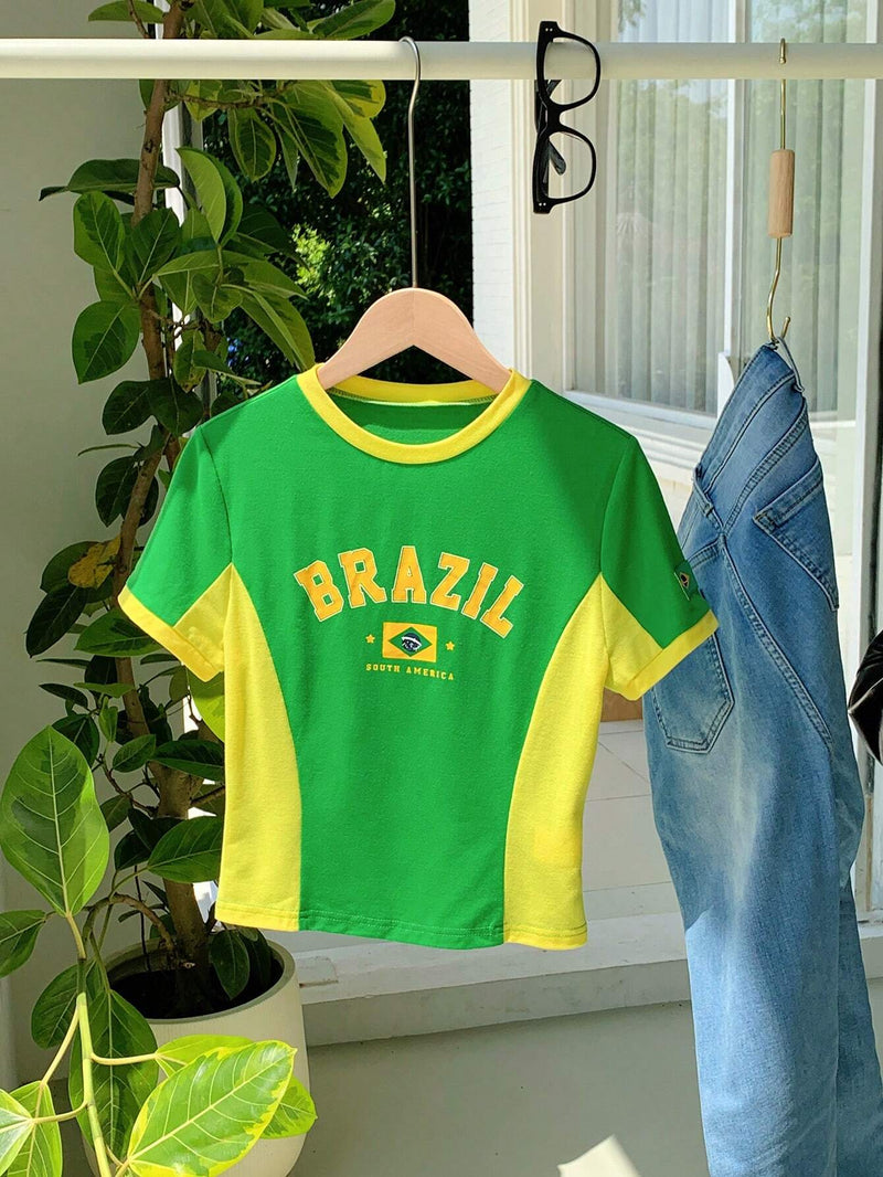 Comfortcana Camiseta de manga corta de bloque de color inspirada en el equipo de Brasil con cuello redondo para mujer en verano