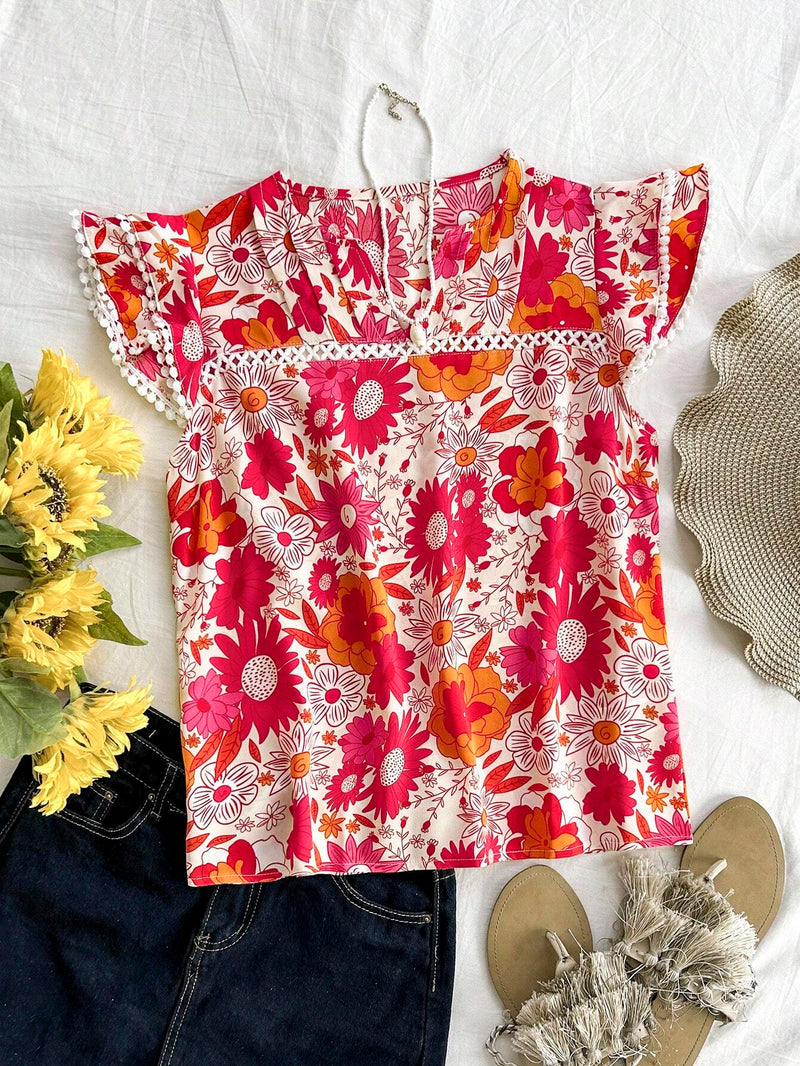 Blusa de manga corta con estampado floral para vacaciones de verano de mujer con cuello en V enado y mangas con solapa