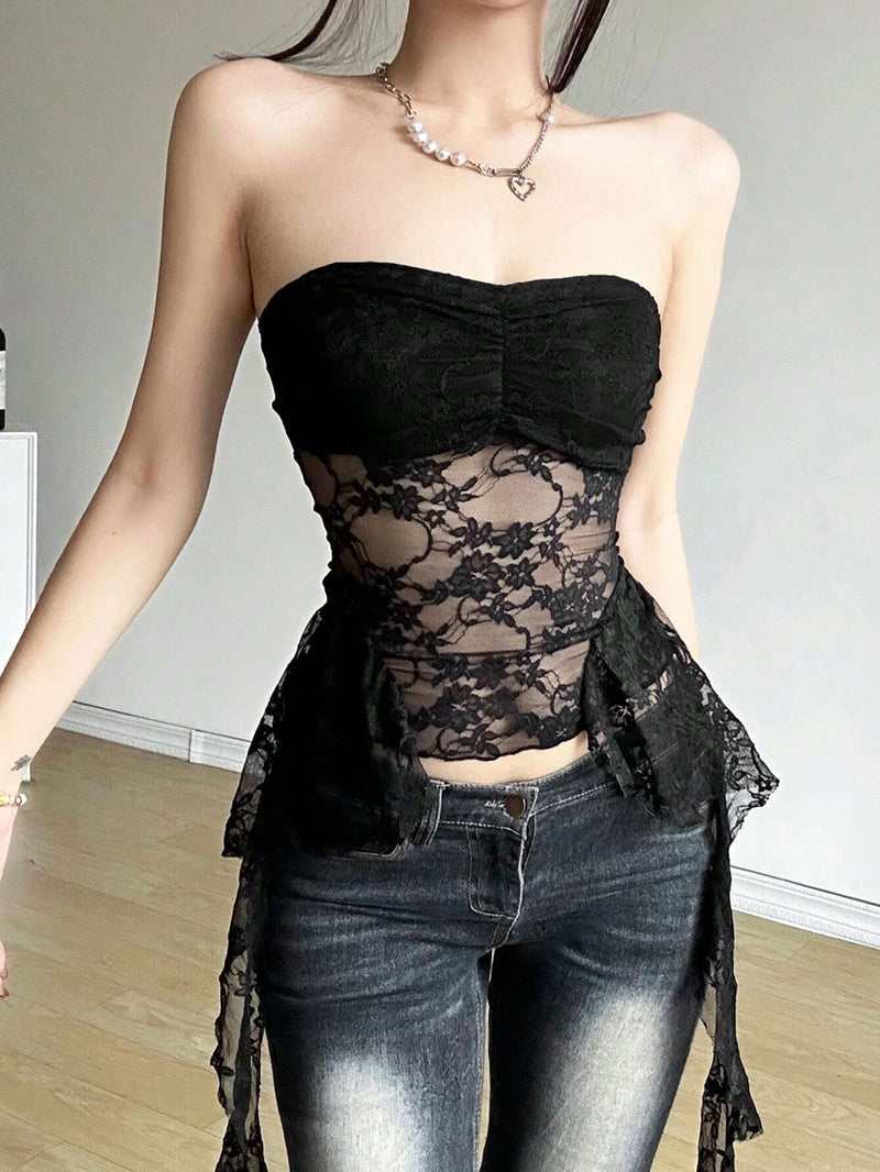 Prive Top de tubo de encaje elegante de verano para mujer con dobladillo de volantes irregular y transparente, ideal para uso diario, citas romanticas, festivales de musica y fiestas