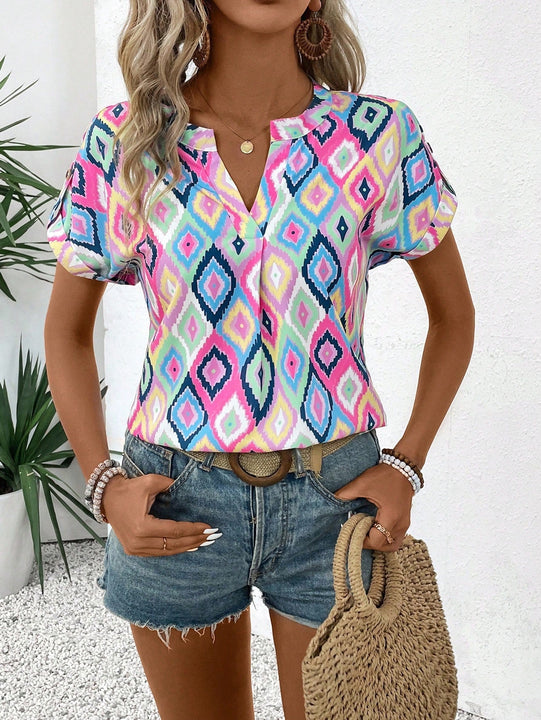 Camisa estampada de verano con cuello en V para mujer, con muescas, ideal para conjuntos combinados de vacaciones