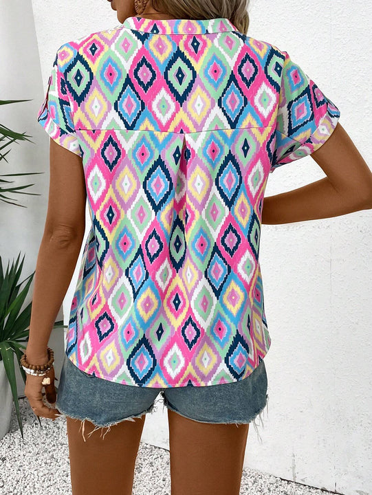 Camisa estampada de verano con cuello en V para mujer, con muescas, ideal para conjuntos combinados de vacaciones