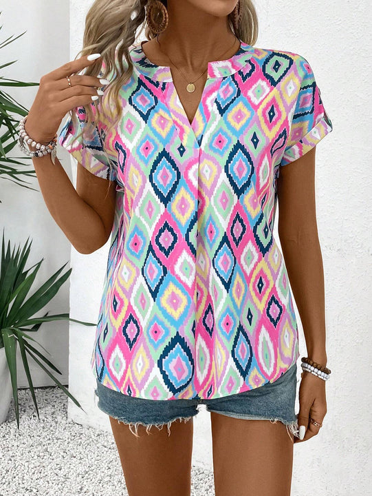 Camisa estampada de verano con cuello en V para mujer, con muescas, ideal para conjuntos combinados de vacaciones