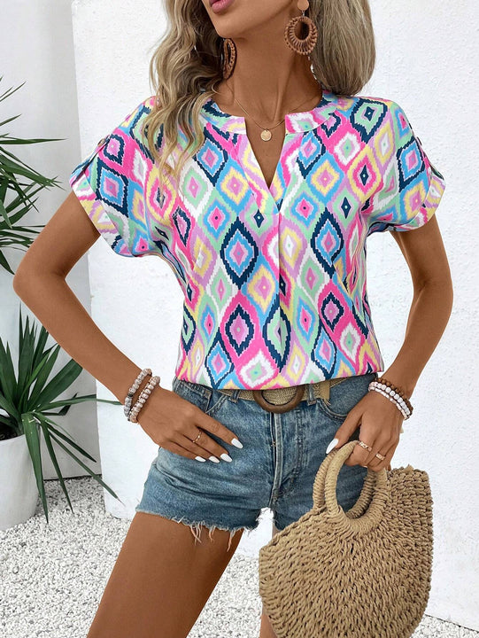 Camisa estampada de verano con cuello en V para mujer, con muescas, ideal para conjuntos combinados de vacaciones