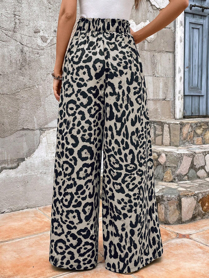 LUNE Pantalones anchos extremadamente sueltos con estampado de leopardo, cinturon anudado, cintura fruncida y bolsillos