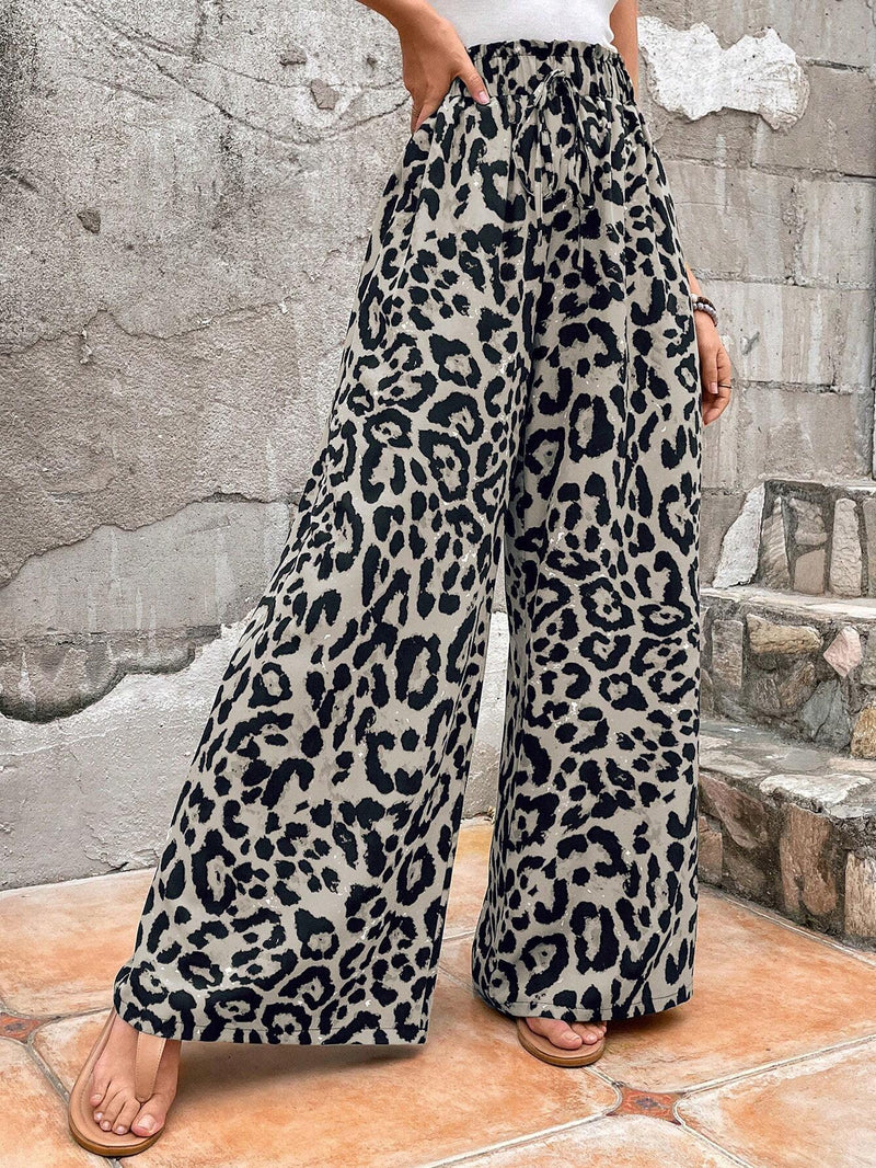 LUNE Pantalones anchos extremadamente sueltos con estampado de leopardo, cinturon anudado, cintura fruncida y bolsillos