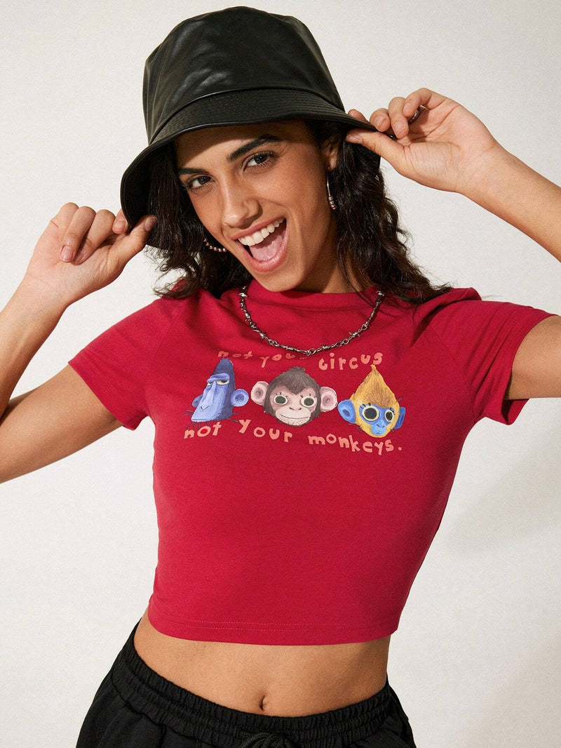 GAW Camiseta de verano para mujer con ajuste corto y estampado de slogan y animal cartoon