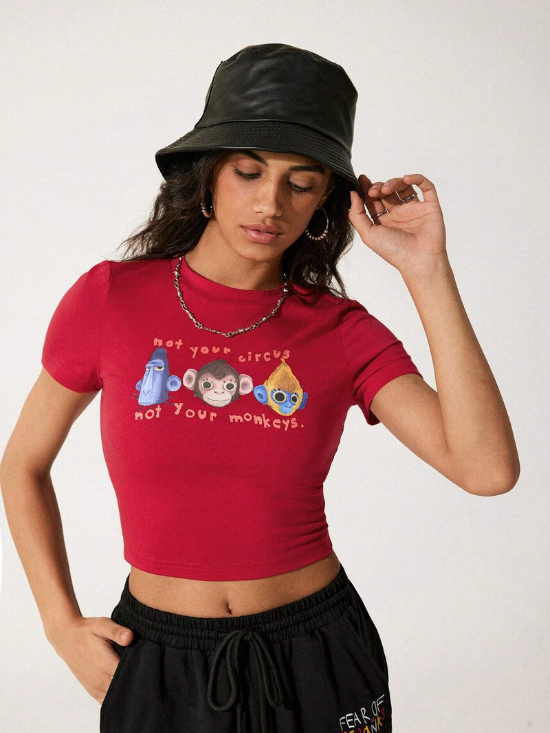 GAW Camiseta de verano para mujer con ajuste corto y estampado de slogan y animal cartoon