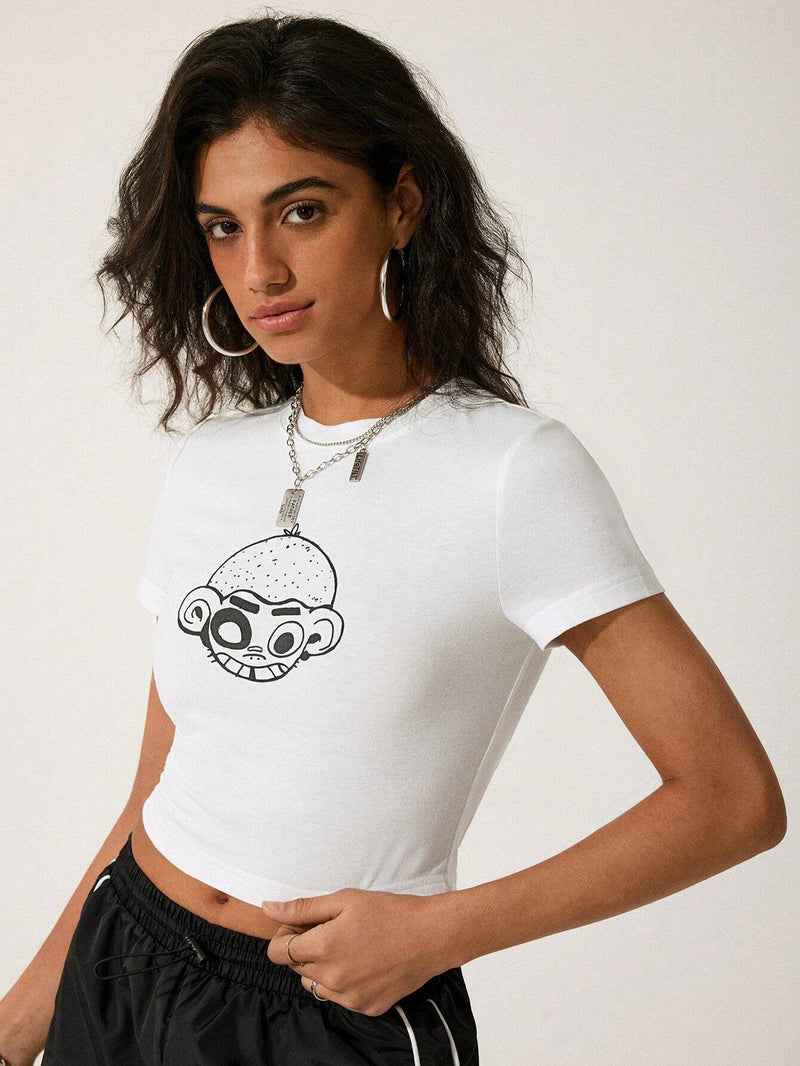 GAW Camiseta de manga corta y corte cenido para mujer con estampado de dibujos animados, ideal para el verano