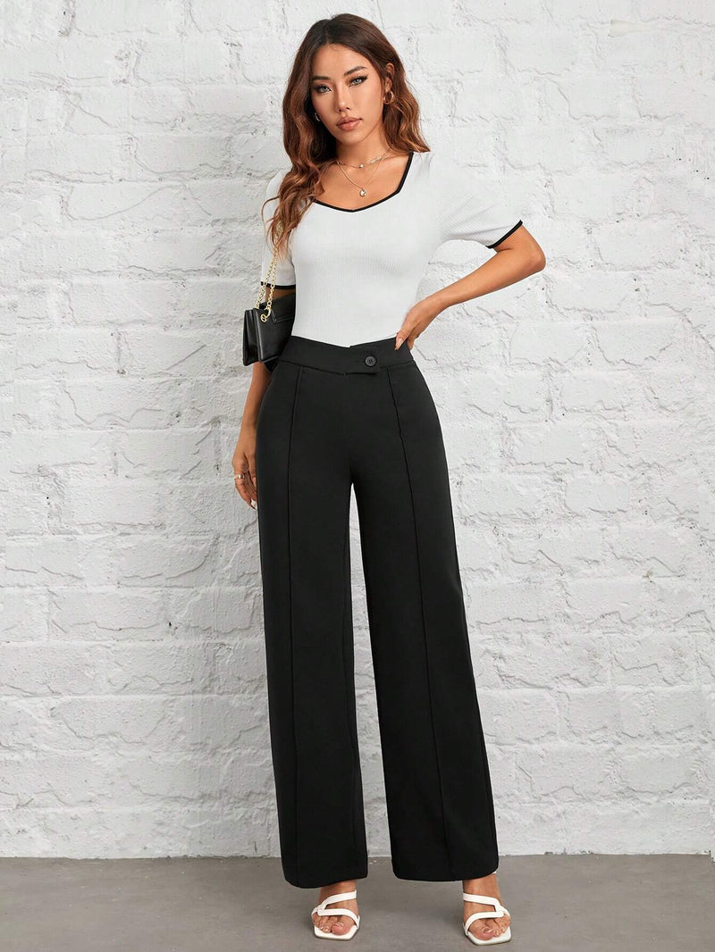 PETITE Pantalones de pierna ancha negros con costura de cintura superpuesta para la primavera/verano