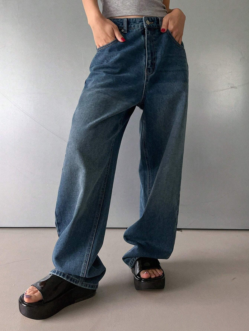 DAZY Pantalones Jeans informales de pierna ancha y ajuste holgado para mujer con bolsillos