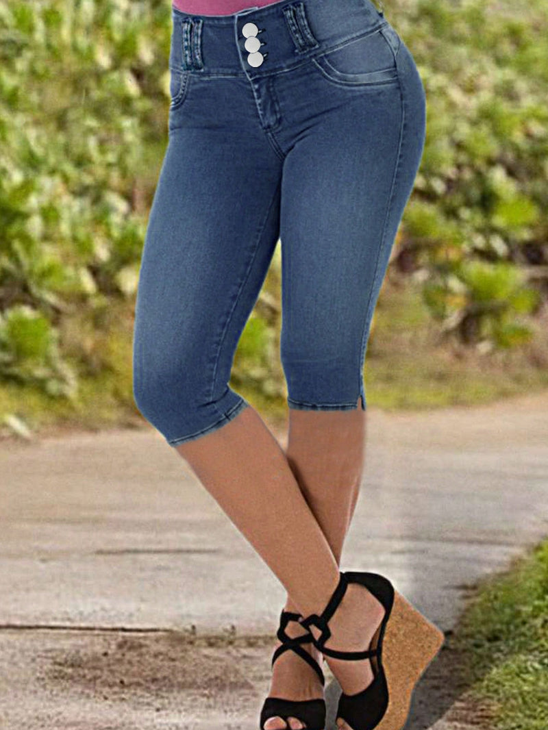 Jeans casuales ajustados estilo Capri con botones para mujer