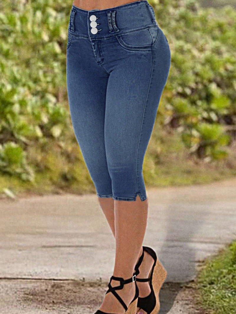 Jeans casuales ajustados estilo Capri con botones para mujer