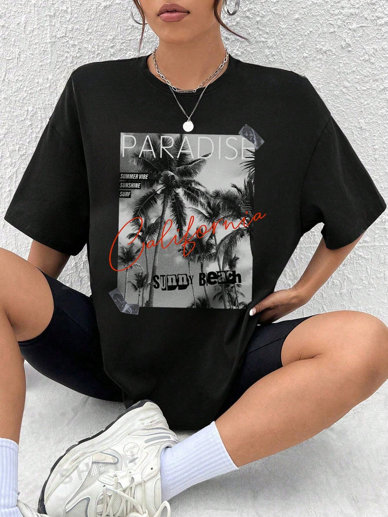 Camiseta casual de cuello redondo y hombro caido con impresion de palmeras para mujer en verano y con ajuste suelto