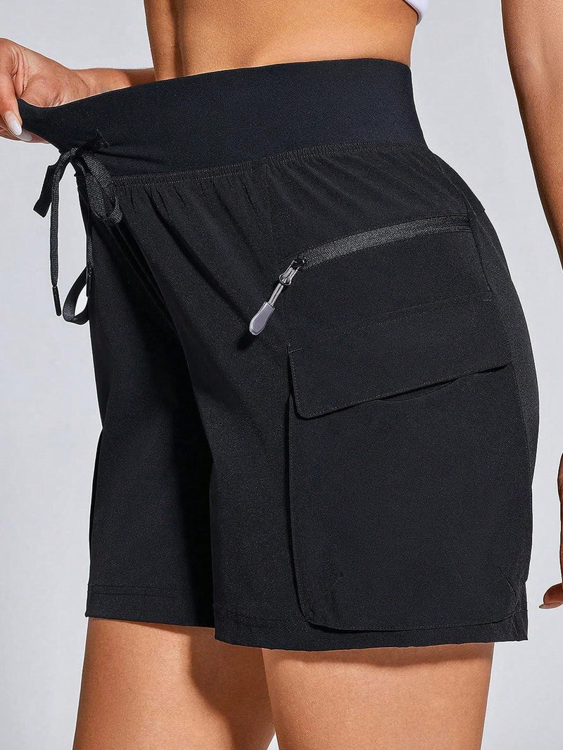 Shorts de trabajo para mujeres con cintura elastica, cierre de cremallera y cordon, y varios bolsillos