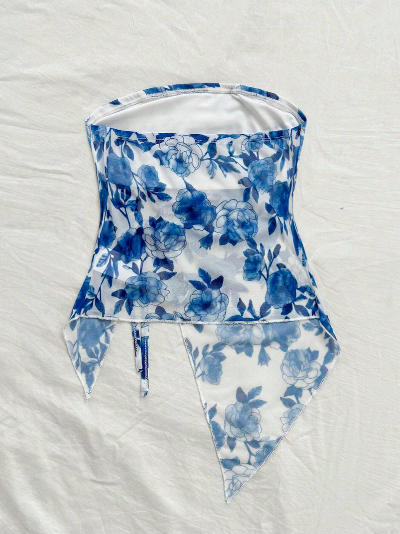 WYWH Top irregular de tirantes sin mangas con estampado floral en tonos azules y blancos para vacaciones de verano de mujeres con cordon