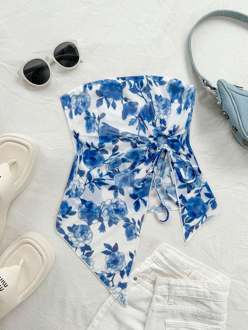 WYWH Top irregular de tirantes sin mangas con estampado floral en tonos azules y blancos para vacaciones de verano de mujeres con cordon