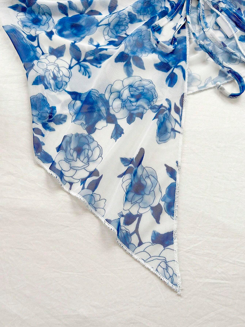 WYWH Top irregular de tirantes sin mangas con estampado floral en tonos azules y blancos para vacaciones de verano de mujeres con cordon