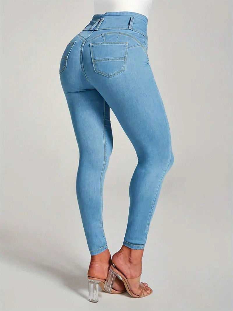 Jeans ajustados de moda para mujer con botones y bolsillos