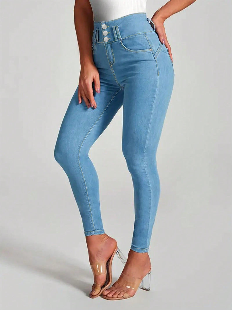 Jeans ajustados de moda para mujer con botones y bolsillos